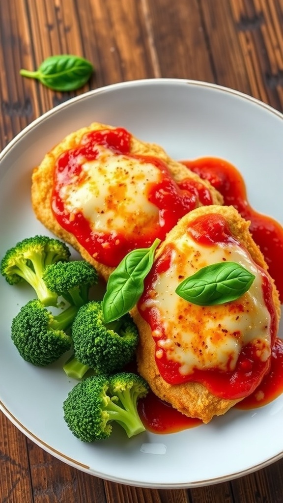 21 Day Fix Chicken Parmesan Recipe A healthy chicken parmesan with marinara sauce and melted cheese, served with broccoli on a rustic table.